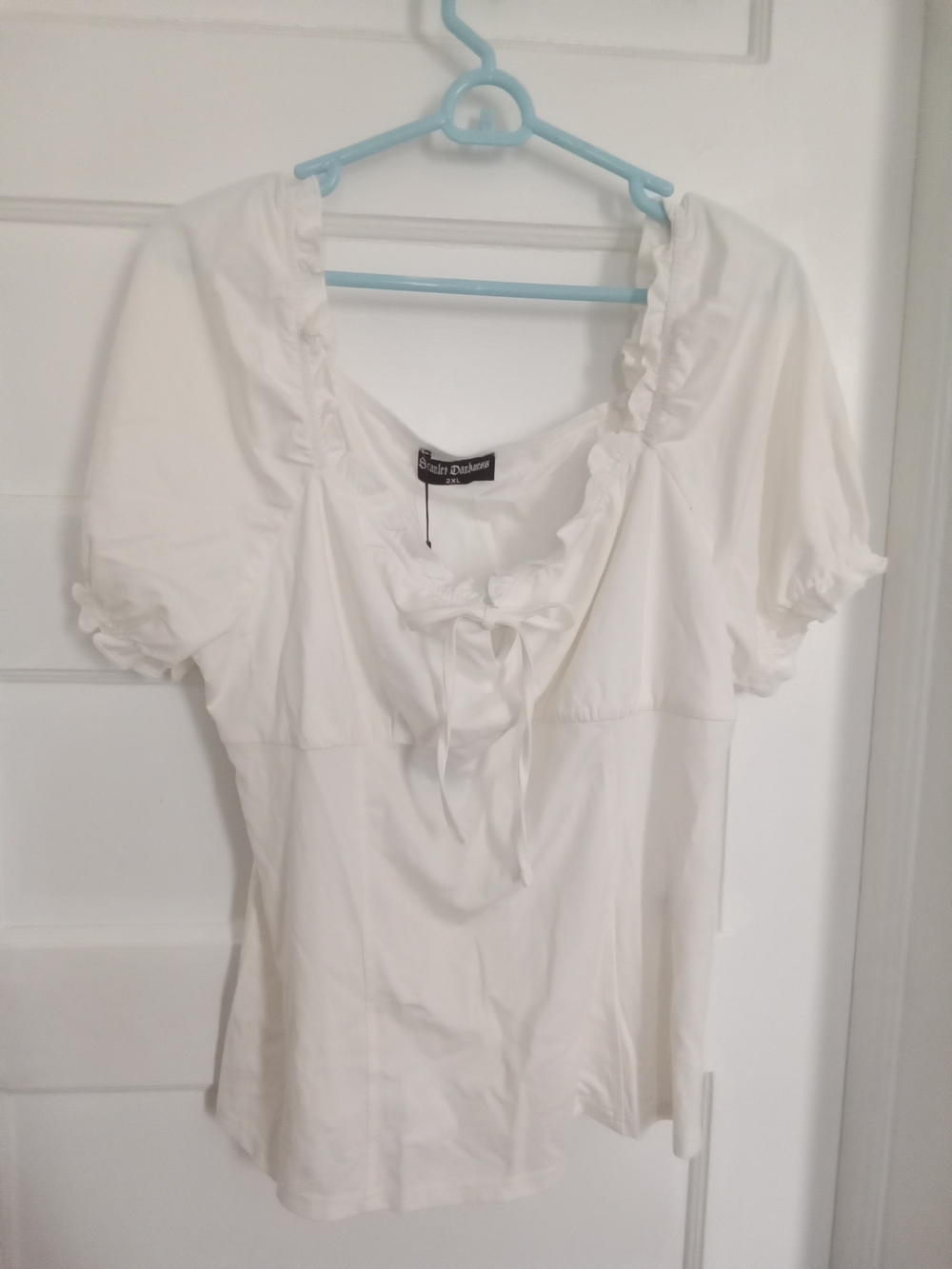White Ruffle Scoop-Neck Blouse with Tie - Saint Dressmore